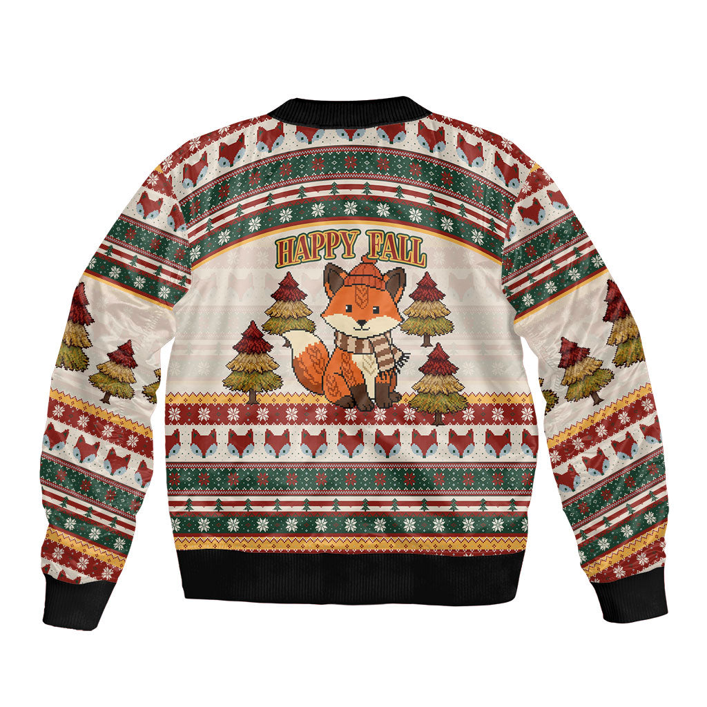 Cute Sleeping Fox Happy Fall Bomber Jacket Festive Red Green Knitted Pattern Sleeping Fox
