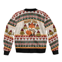 Cute Sleeping Fox Happy Fall Bomber Jacket Festive Red Green Knitted Pattern Sleeping Fox