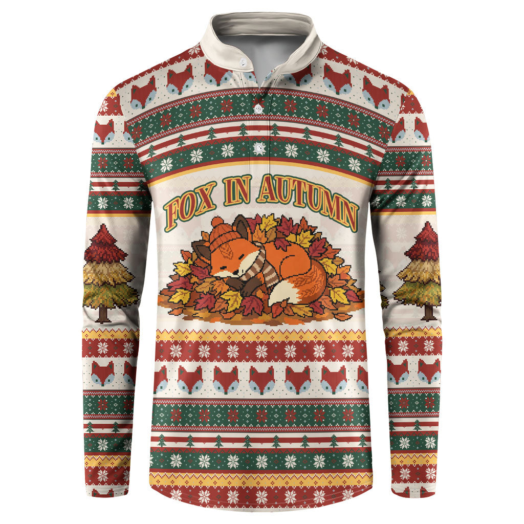 Cute Sleeping Fox Happy Fall Button Sweatshirt Festive Red Green Knitted Pattern Sleeping Fox