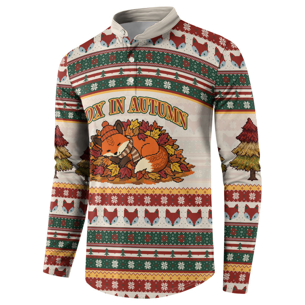 Cute Sleeping Fox Happy Fall Button Sweatshirt Festive Red Green Knitted Pattern Sleeping Fox