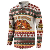 Cute Sleeping Fox Happy Fall Button Sweatshirt Festive Red Green Knitted Pattern Sleeping Fox