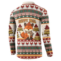 Cute Sleeping Fox Happy Fall Button Sweatshirt Festive Red Green Knitted Pattern Sleeping Fox