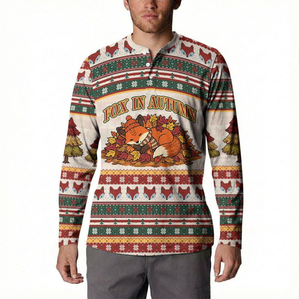 Cute Sleeping Fox Happy Fall Button Sweatshirt Festive Red Green Knitted Pattern Sleeping Fox