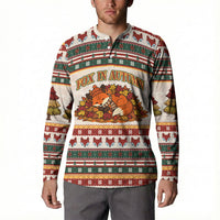 Cute Sleeping Fox Happy Fall Button Sweatshirt Festive Red Green Knitted Pattern Sleeping Fox