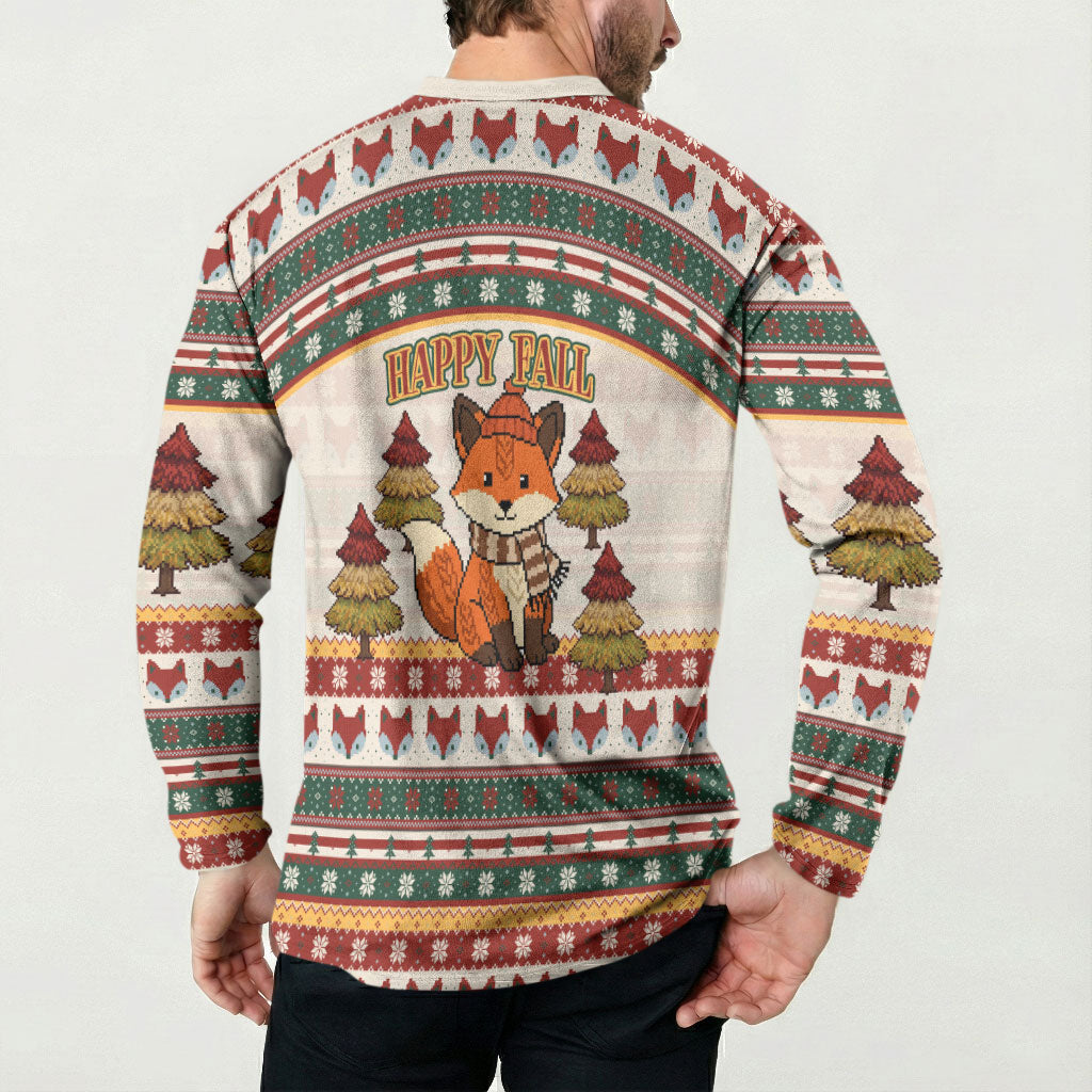 Cute Sleeping Fox Happy Fall Button Sweatshirt Festive Red Green Knitted Pattern Sleeping Fox
