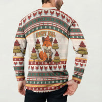 Cute Sleeping Fox Happy Fall Button Sweatshirt Festive Red Green Knitted Pattern Sleeping Fox