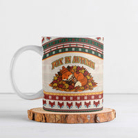 Cute Sleeping Fox Happy Fall Ceramic Mug Festive Red Green Knitted Pattern Sleeping Fox