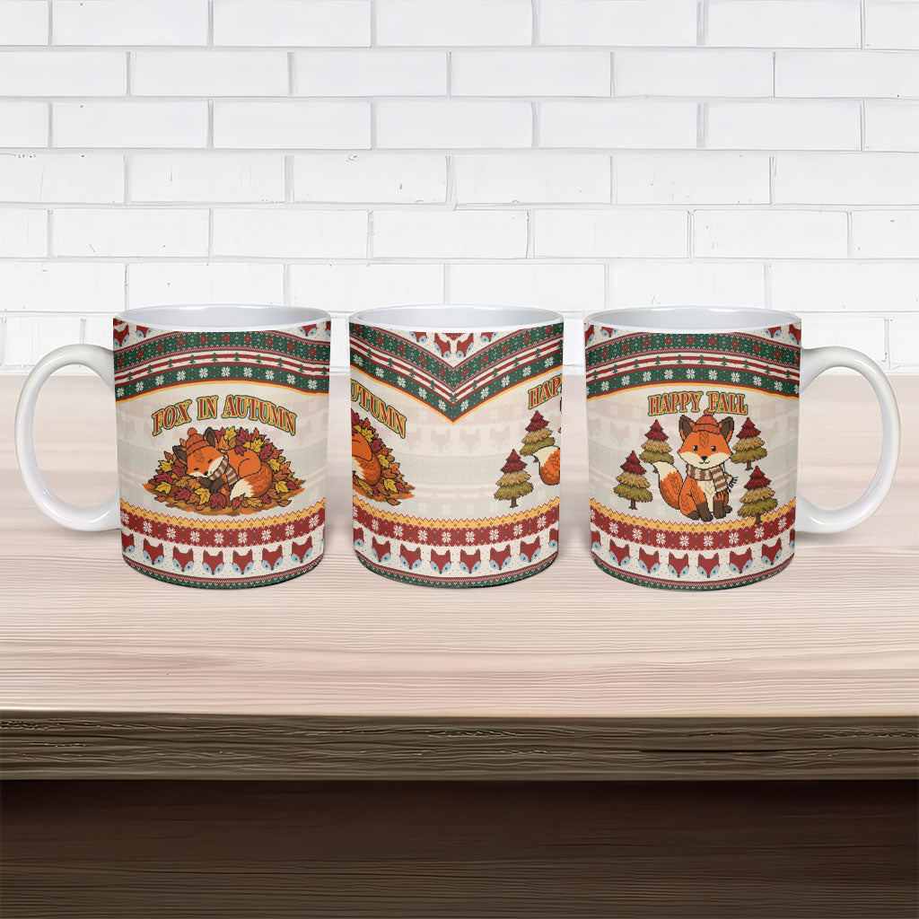 Cute Sleeping Fox Happy Fall Ceramic Mug Festive Red Green Knitted Pattern Sleeping Fox