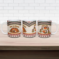 Cute Sleeping Fox Happy Fall Ceramic Mug Festive Red Green Knitted Pattern Sleeping Fox