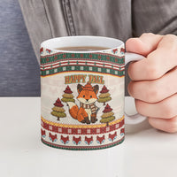Cute Sleeping Fox Happy Fall Ceramic Mug Festive Red Green Knitted Pattern Sleeping Fox