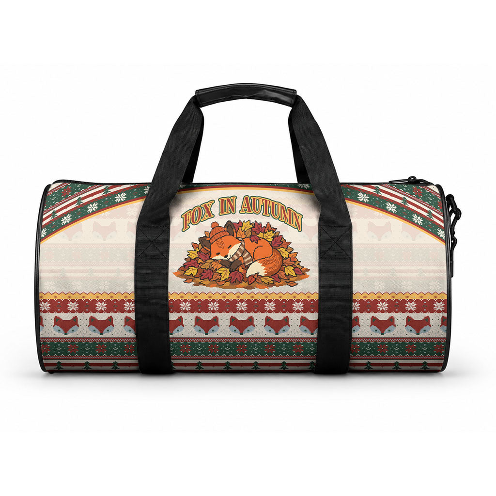 Cute Sleeping Fox Happy Fall Duffle Bag Festive Red Green Knitted Pattern Sleeping Fox
