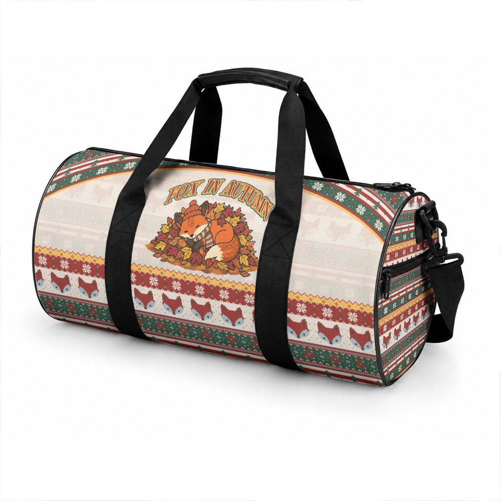 Cute Sleeping Fox Happy Fall Duffle Bag Festive Red Green Knitted Pattern Sleeping Fox