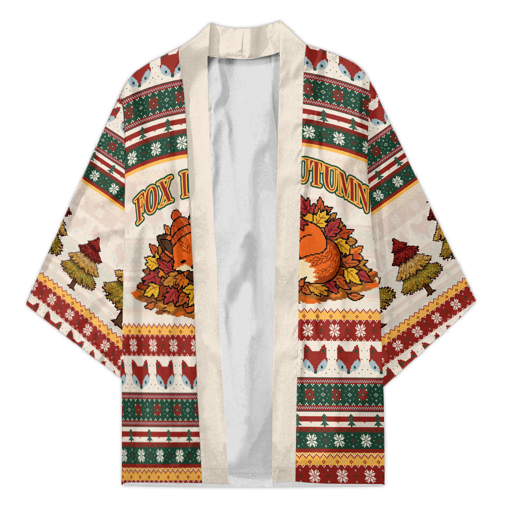Cute Sleeping Fox Happy Fall Kimono Festive Red Green Knitted Pattern Sleeping Fox