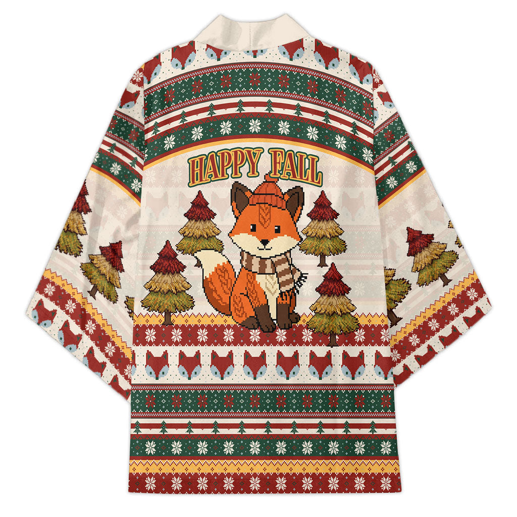 Cute Sleeping Fox Happy Fall Kimono Festive Red Green Knitted Pattern Sleeping Fox