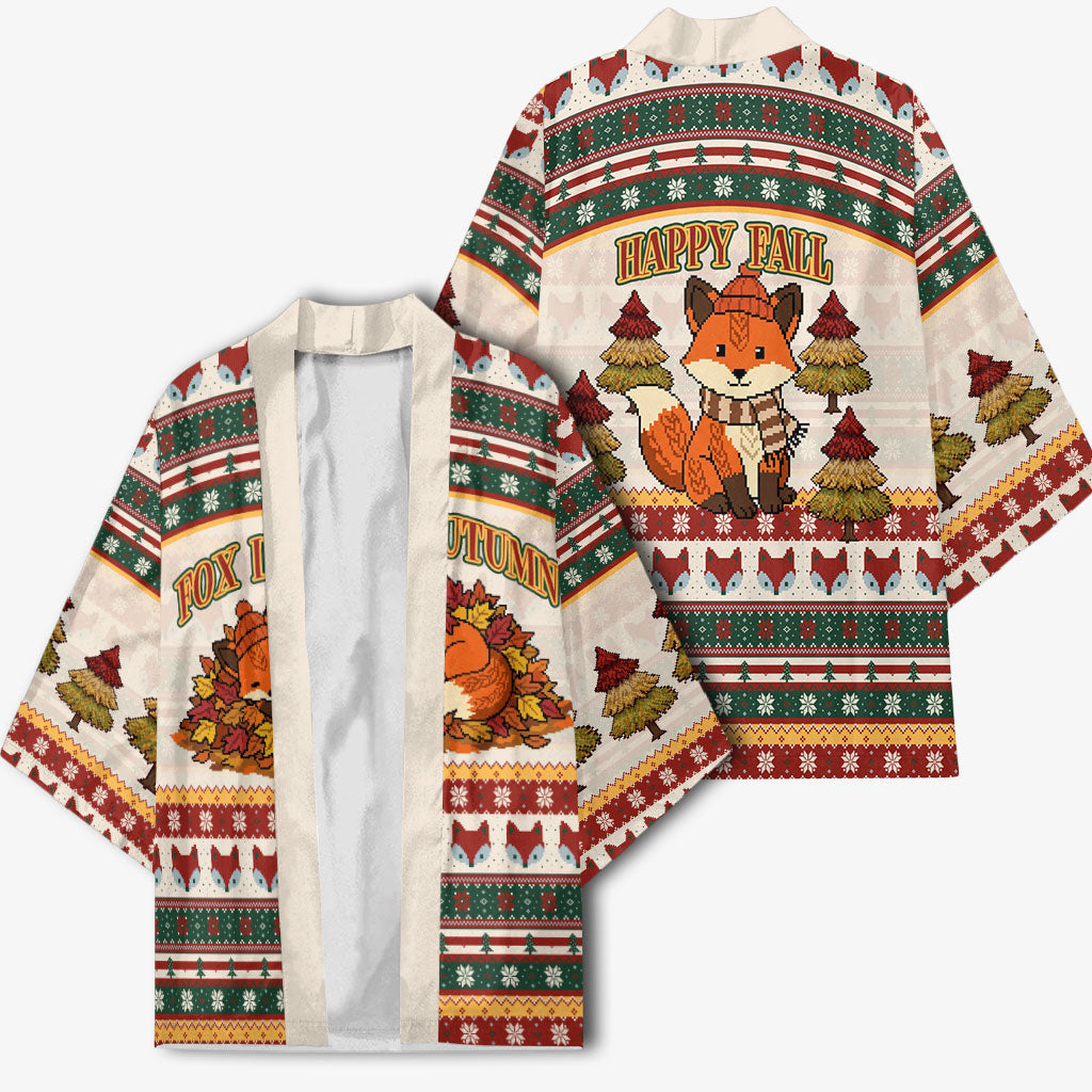Cute Sleeping Fox Happy Fall Kimono Festive Red Green Knitted Pattern Sleeping Fox
