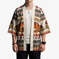 Cute Sleeping Fox Happy Fall Kimono Festive Red Green Knitted Pattern Sleeping Fox