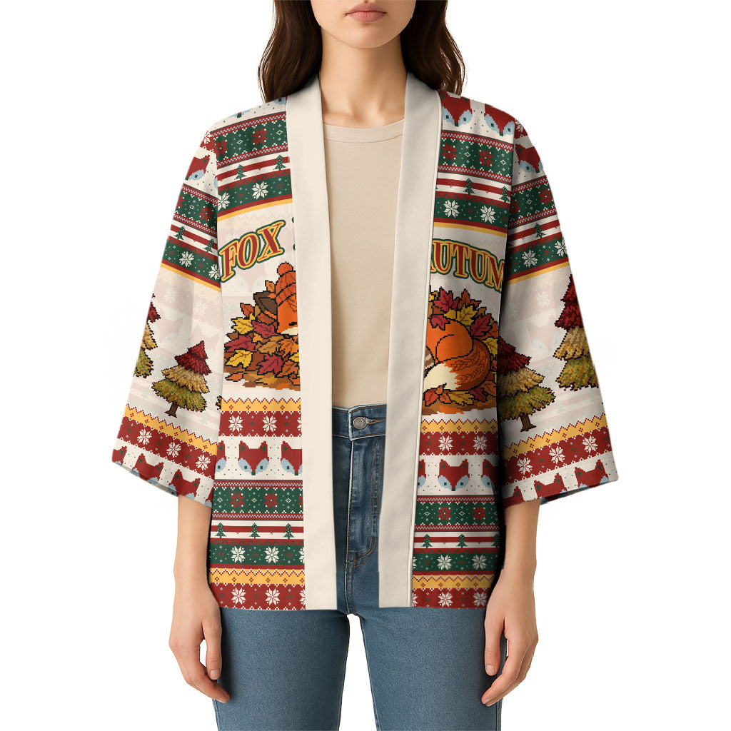 Cute Sleeping Fox Happy Fall Kimono Festive Red Green Knitted Pattern Sleeping Fox