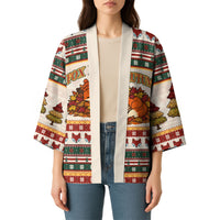 Cute Sleeping Fox Happy Fall Kimono Festive Red Green Knitted Pattern Sleeping Fox