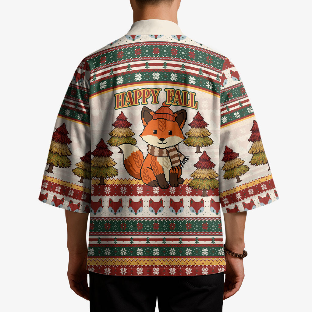 Cute Sleeping Fox Happy Fall Kimono Festive Red Green Knitted Pattern Sleeping Fox