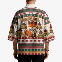 Cute Sleeping Fox Happy Fall Kimono Festive Red Green Knitted Pattern Sleeping Fox