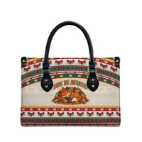 Cute Sleeping Fox Happy Fall Leather Bag Festive Red Green Knitted Pattern Sleeping Fox