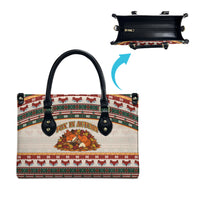 Cute Sleeping Fox Happy Fall Leather Bag Festive Red Green Knitted Pattern Sleeping Fox
