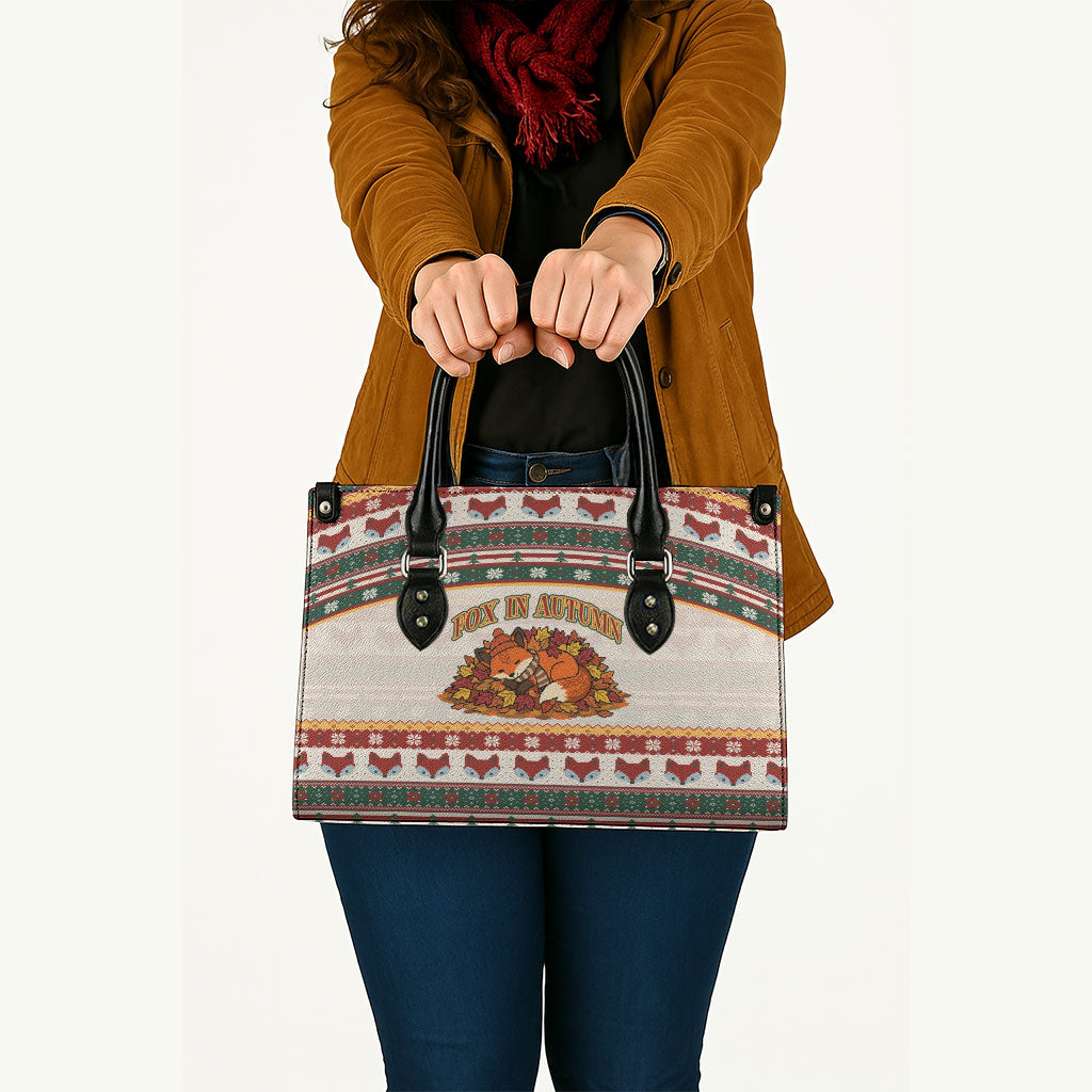 Cute Sleeping Fox Happy Fall Leather Bag Festive Red Green Knitted Pattern Sleeping Fox