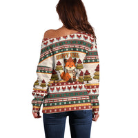 Cute Sleeping Fox Happy Fall Off Shoulder Sweater Festive Red Green Knitted Pattern Sleeping Fox