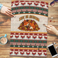 Cute Sleeping Fox Happy Fall Puzzle Festive Red Green Knitted Pattern Sleeping Fox