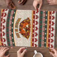 Cute Sleeping Fox Happy Fall Puzzle Festive Red Green Knitted Pattern Sleeping Fox