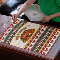 Cute Sleeping Fox Happy Fall Puzzle Festive Red Green Knitted Pattern Sleeping Fox
