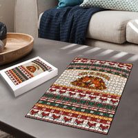 Cute Sleeping Fox Happy Fall Puzzle Festive Red Green Knitted Pattern Sleeping Fox