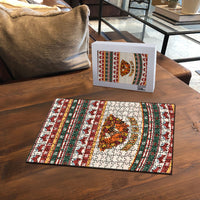 Cute Sleeping Fox Happy Fall Puzzle Festive Red Green Knitted Pattern Sleeping Fox