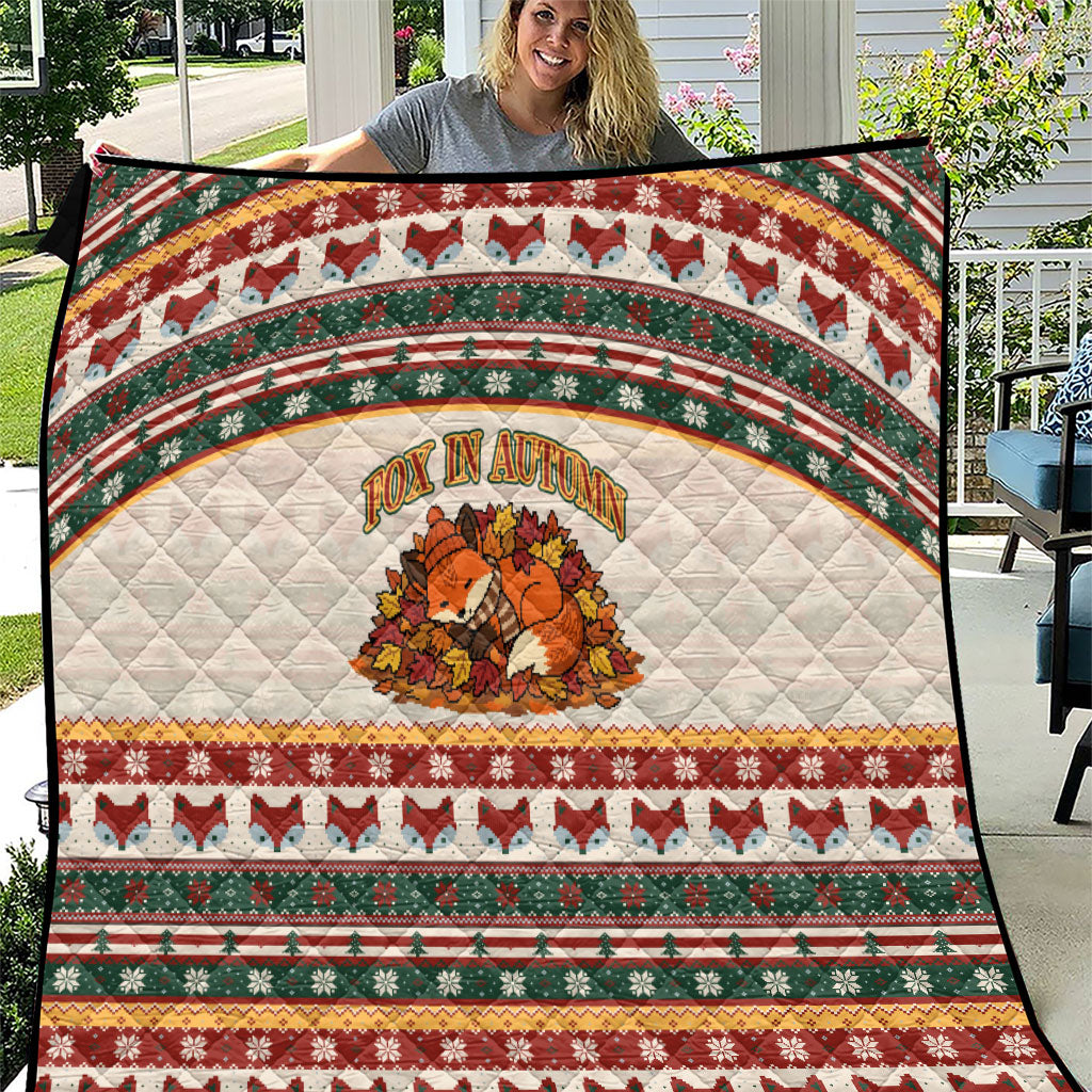 Cute Sleeping Fox Happy Fall Quilt Festive Red Green Knitted Pattern Sleeping Fox