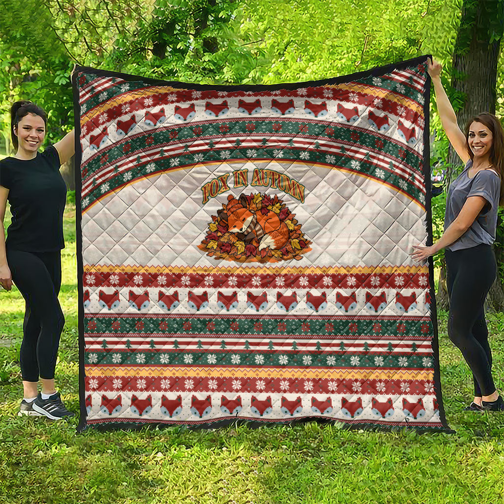 Cute Sleeping Fox Happy Fall Quilt Festive Red Green Knitted Pattern Sleeping Fox