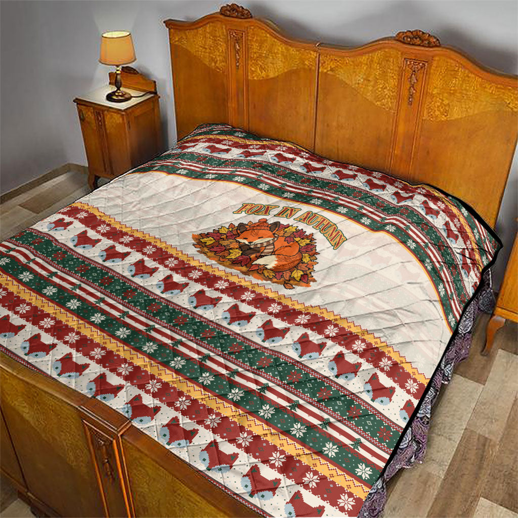 Cute Sleeping Fox Happy Fall Quilt Festive Red Green Knitted Pattern Sleeping Fox