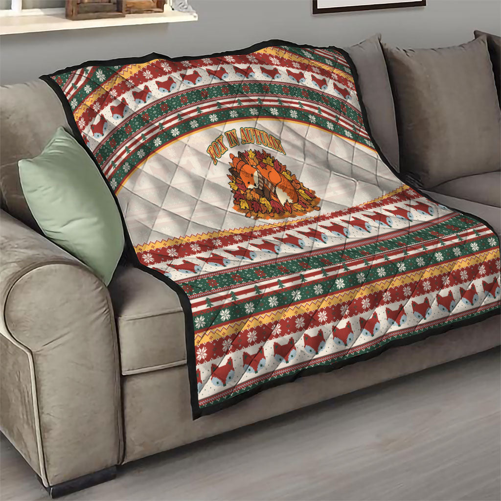 Cute Sleeping Fox Happy Fall Quilt Festive Red Green Knitted Pattern Sleeping Fox