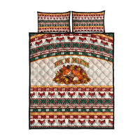 Cute Sleeping Fox Happy Fall Quilt Bed Set Festive Red Green Knitted Pattern Sleeping Fox