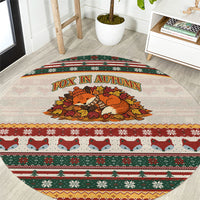 Cute Sleeping Fox Happy Fall Round Carpet Festive Red Green Knitted Pattern Sleeping Fox