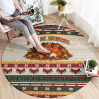 Cute Sleeping Fox Happy Fall Round Carpet Festive Red Green Knitted Pattern Sleeping Fox