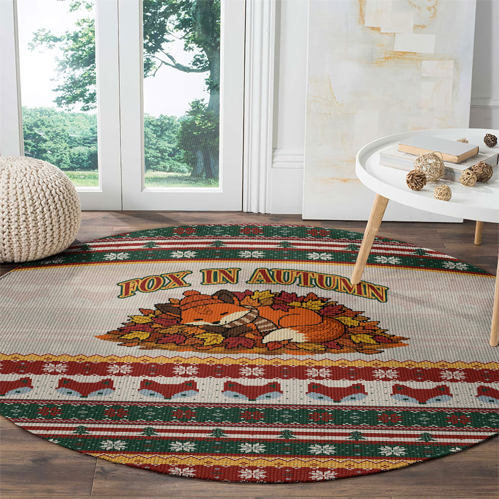 Cute Sleeping Fox Happy Fall Round Carpet Festive Red Green Knitted Pattern Sleeping Fox