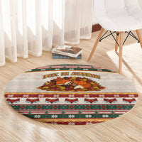 Cute Sleeping Fox Happy Fall Round Carpet Festive Red Green Knitted Pattern Sleeping Fox