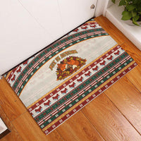 Cute Sleeping Fox Happy Fall Rubber Doormat Festive Red Green Knitted Pattern Sleeping Fox