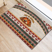 Cute Sleeping Fox Happy Fall Rubber Doormat Festive Red Green Knitted Pattern Sleeping Fox