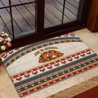 Cute Sleeping Fox Happy Fall Rubber Doormat Festive Red Green Knitted Pattern Sleeping Fox