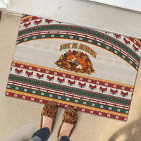 Cute Sleeping Fox Happy Fall Rubber Doormat Festive Red Green Knitted Pattern Sleeping Fox
