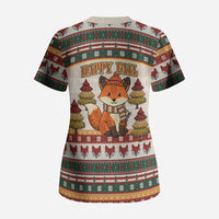 Cute Sleeping Fox Happy Fall Scrub Top Festive Red Green Knitted Pattern Sleeping Fox