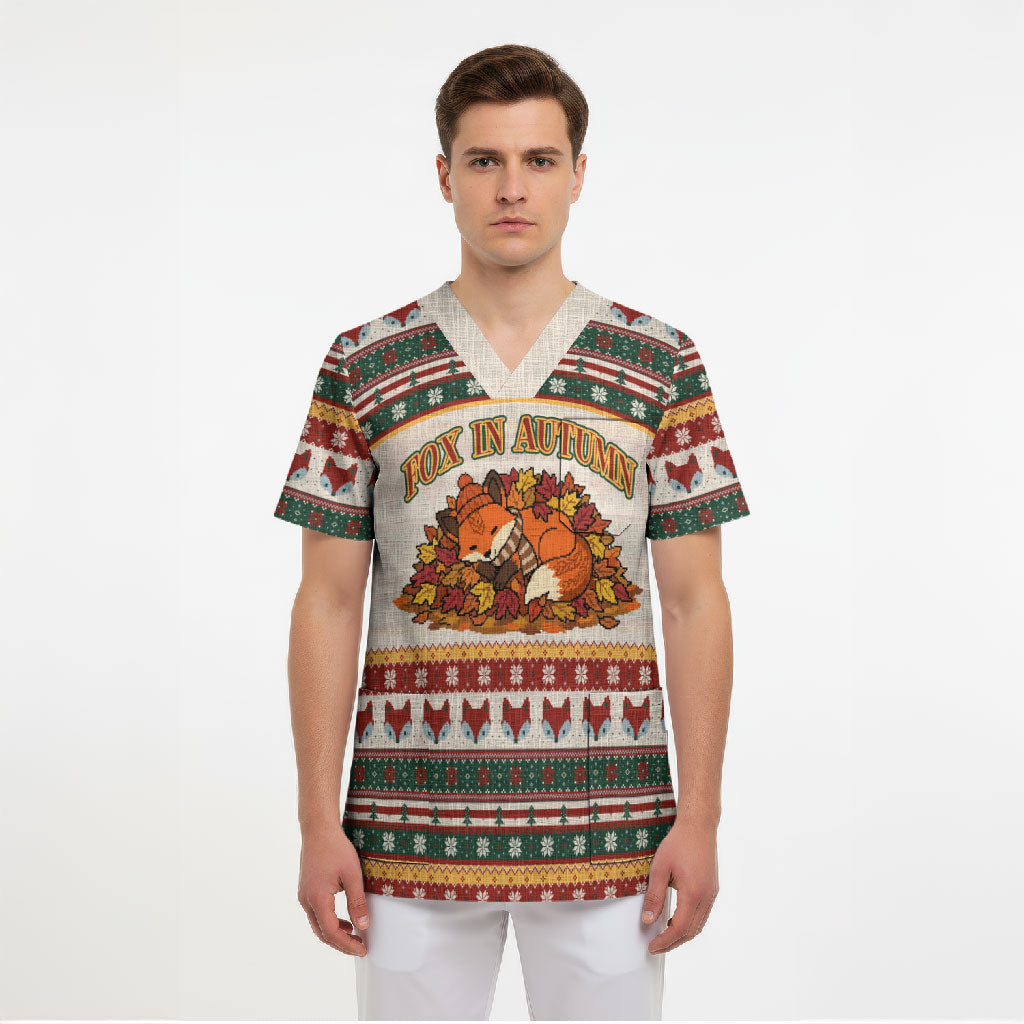 Cute Sleeping Fox Happy Fall Scrub Top Festive Red Green Knitted Pattern Sleeping Fox