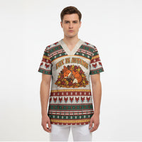 Cute Sleeping Fox Happy Fall Scrub Top Festive Red Green Knitted Pattern Sleeping Fox