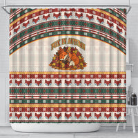 Cute Sleeping Fox Happy Fall Shower Curtain Festive Red Green Knitted Pattern Sleeping Fox